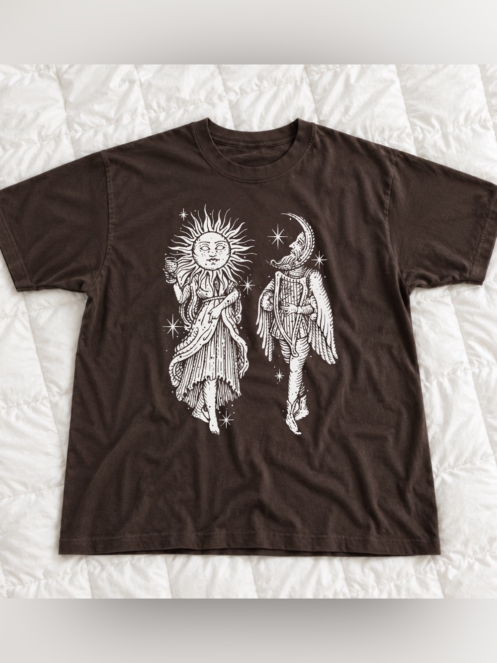 Dark Brown Sun & Moon Graphic Tee, illustration And Vintage Style